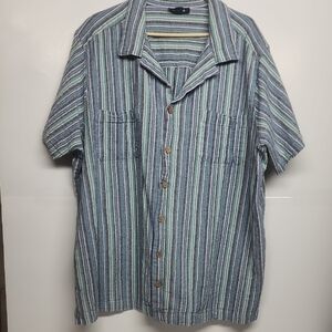 Kingsize striped blue and green mens short sleeve button-down 100% cotton shirt